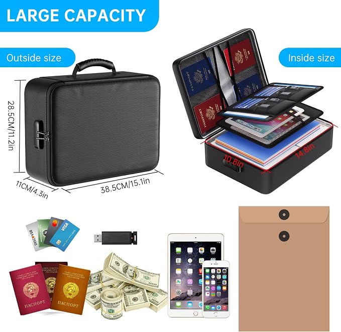 ENGPOW 5200°F Fireproof Document Bag with Lock,8 Layers Heat Insulated | Upgraded File Organizer Fireproof Box,Portable Home Travel Safe Storage for Important Documents,Passport,Laptop, Black(Soft)