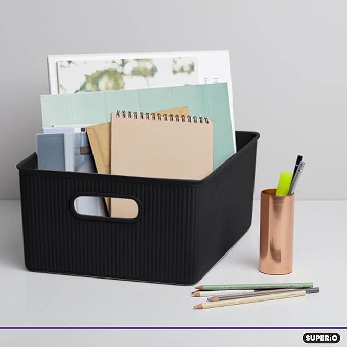 Superio Ribbed Collection - Decorative Plastic Basket Open Home Storage Bins Organizer, Large Brown (2 Pack) Container Boxes for Organizing Closet Storage Bins for Shelves 15 Liter/16 Quart