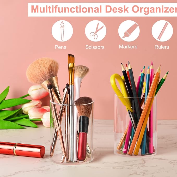 Mototo 6PCS Clear Acrylic Pen Holder Pencil Cup Office Desk Organizer Case | Toothbrush Utensil Holder Marker Makeup Brush Organizer Pencil Box Coffee Stirrers Storage Container for Classroom Counter