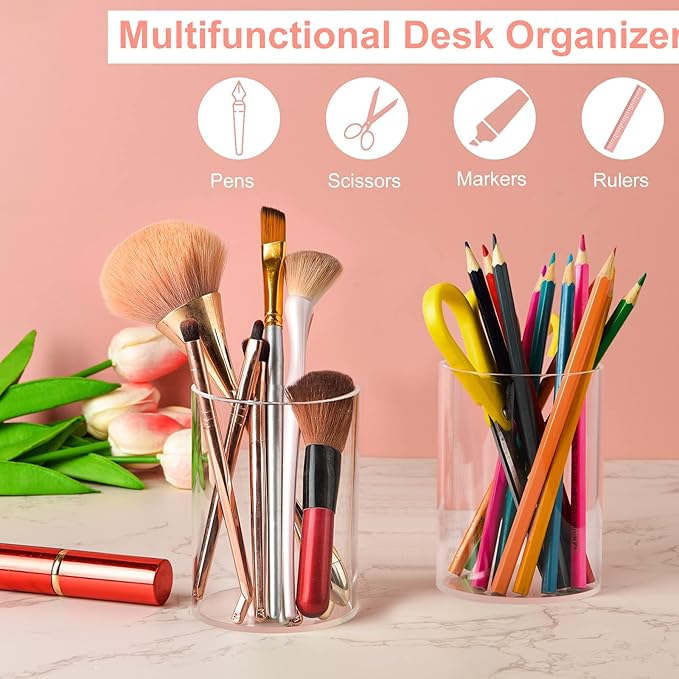 Mototo 8 Pieces Clear Acrylic Pen Holder Round Acrylic Pencil Cup Clear Makeup Bush Holder Acrylic Desktop Stationery Organizer for Office School Home Desk Accessories (8 Pack, Round)
