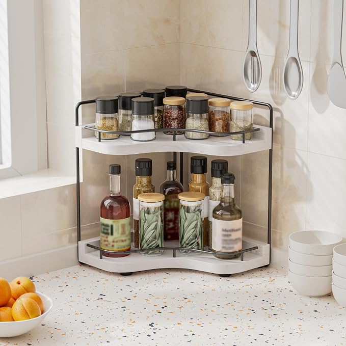 2-Tier Corner Bathroom Counter Organizer for Storage, White | Larger Size, Solid Wood, Embedded Screw Holes, sink and Vanity Countertop Organizer for Perfume, Skincare & Makeup Storage