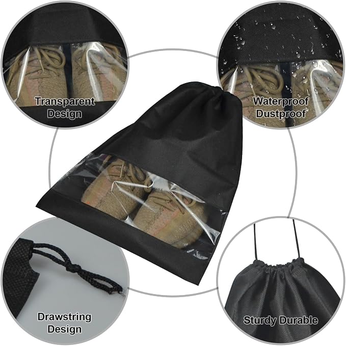 10 Pack Shoe Bags for Travel, Drawstring Bag for Men Women, Shoe Storage, Travel Essentials, Organization Accessories (10, Black)