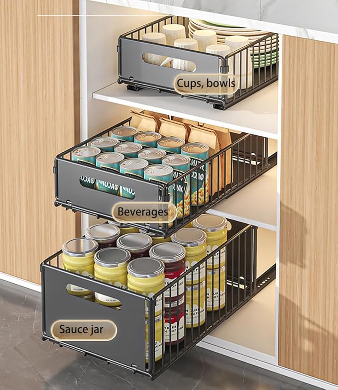 YunNasi Pull Out Cabinet Organizer Slide Out Drawer Storage Shelves Cupboard Organiser Sliding Cabinet Basket for Kitchen No Drilling and Nailing (Black, 4Piece 9.8" W X15 D X 7.5" H)