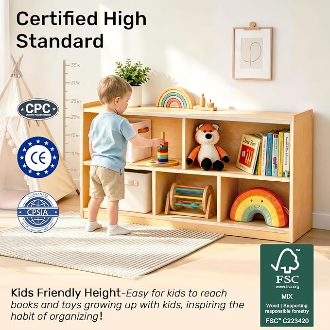 WINGYZ Montessori Bookshelf, 5-Section Wooden Storage Cabinet, Toy Storage Organizer with Kids Bookshelf, FSC Safety Montessori Toy Book Shelf for Kids Rooms, Classroom, Playroom, Daycare, Preschool