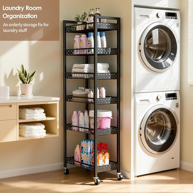 6 Tier Slim Storage Cart, Narrow Rolling Cart with Wheels, 10in(W) | Narrow Mobile Utility Shelf Unit Organizer for Kitchen, Bathroom, Laundry Room, Living Room, Small Places, Black