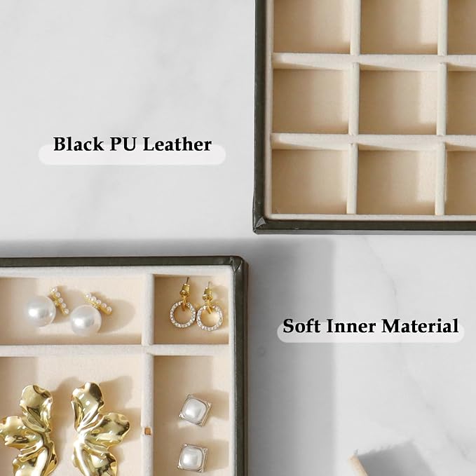 Large Jewelry Organizer Tray 2 Pack, Stackable Jewelry Storage Holder for Drawer Inserts, PU Leather Velvet Jewellery Display Case for Earring Bracelet Necklace Ring (Black Beige, 48 Grids)