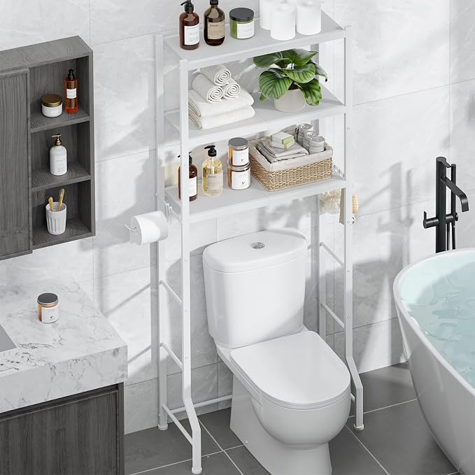Kitsure Over The Toilet Storage Rack, 3-Tier Metal Frame | Small Bathroom, Space Saving Storage, Heavy Duty Metal Frame, Easy Assembly, White, 61"H