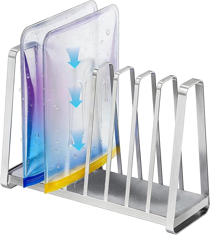 YIGII - Reusable Bag Drying Rack - Built in Quikly Dry Diatomite Stone Tray, Kitchen Drying Rack for Ziplock/Sandwich Storage Bags, Plastic Bag Drying Rack, Silver