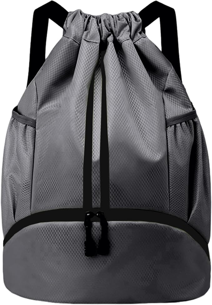 JELUTAR Drawstring Backpack Gym Bag with Shoes Compartment for Soccer, Basketball, Swim, Water-Resistant String Backpack Beach Cinch for Women Men, Dark Grey