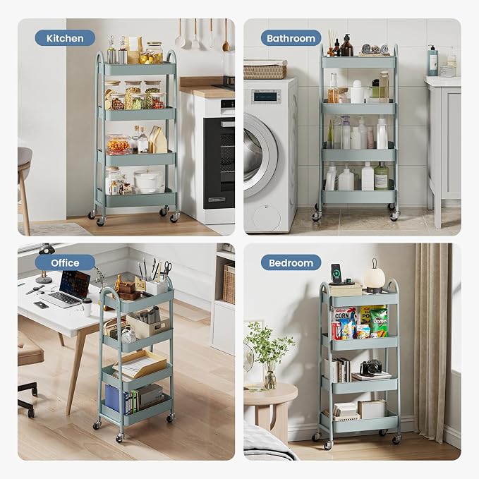 DUMOS 4 Tiers Rolling Utility Cart, Storage Organizer, Shelving Unit | Metal, Lockable Wheels, Mobile, Kitchen, Bathroom, Laundry, Narrow Places, Green