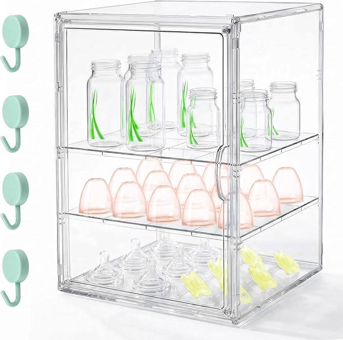 Baby Bottle Organizer, 3 Tier Bottle Storage Organizer Baby | Acrylic Bottles Storage Station with Magnetic Door and Hook for Pacifiers Pump Parts, Makeup & Bathroom Organizer