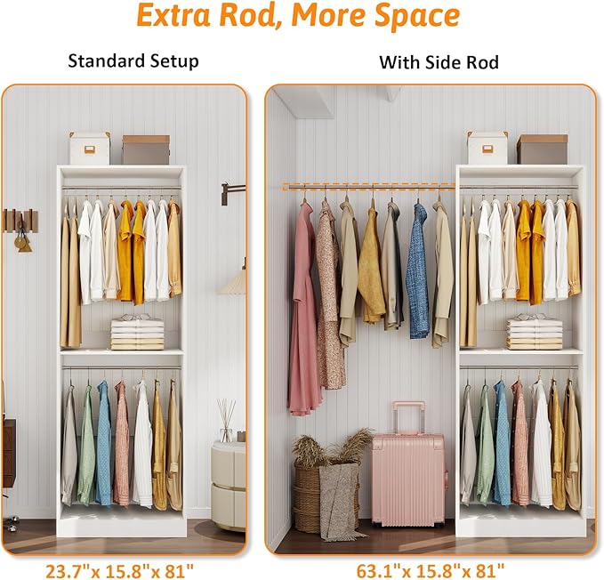 Closet System with 6 Hanging Rods& Shelves , 4FT Small Closet Organizer System Storage Wood with Extra Side Hanging Rod for Walk in Closet, Adjustable Modular Closet Systems Customize, White(4FT)