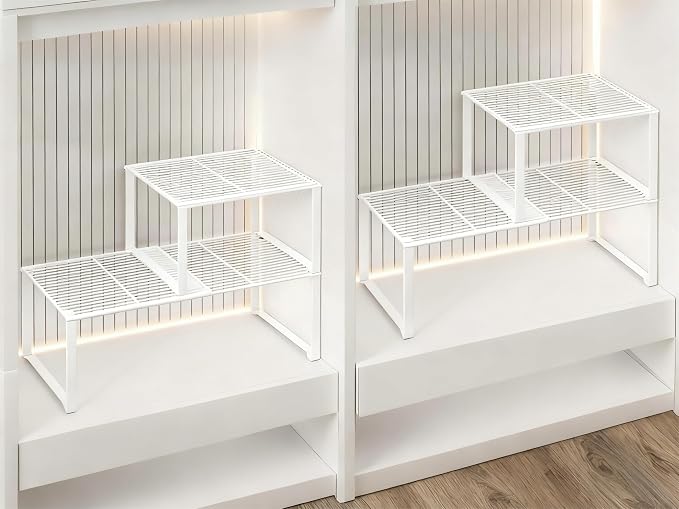 Extendable Metal Wire Shelf Organizer - Adjustable 15-24.4in Length, Stackable Storage Rack for Kitchen/Pantry/Bathroom/Shoe Cabinet/Tool Closet (4, White)