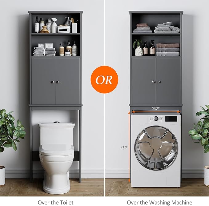 Over the Toilet Storage Cabinet for Bathroom, Storage Cabinets Over Toilet, Bathroom Floor Mounted Cabinet Space Saver with Adjustable Shelf and 2 Open Shelves, 75in, Grey