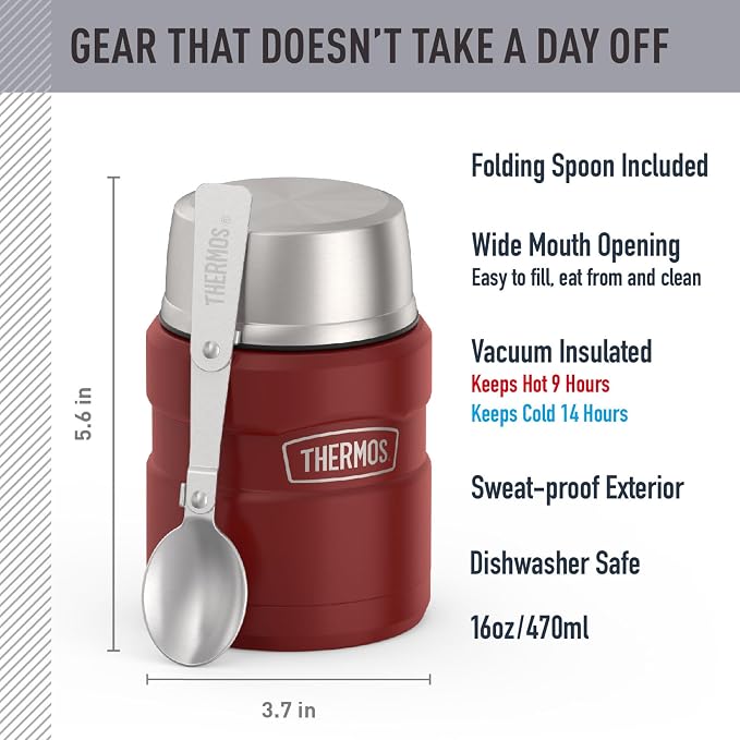 THERMOS Stainless King Vacuum-Insulated Food Jar with Spoon, 16 Ounce, Matte Red