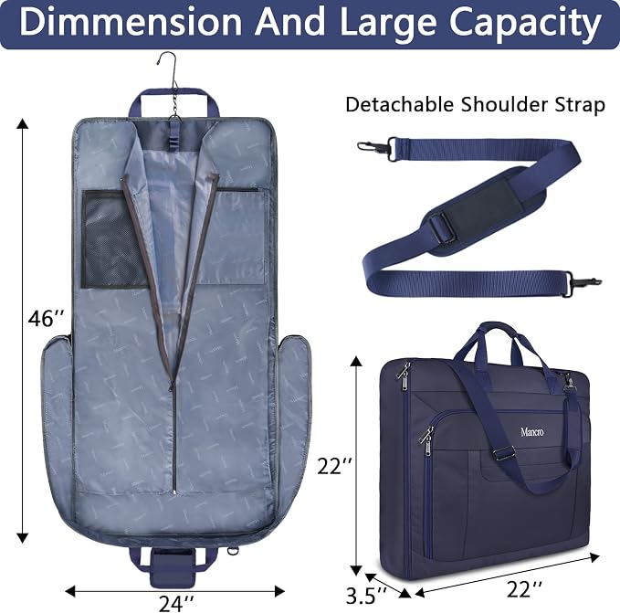 Mancro Carry On Suit Garment Bags, Travel Luggage Bag for Men Women, Blue | Waterproof Foldable Garment Bag with Hanging Compartment to Help Reduce Wrinkles, Suit Bag with Adjustable Shoulder Strap