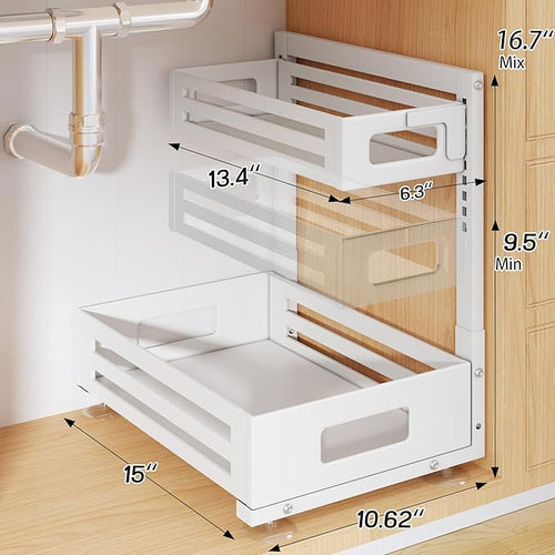 1 Pack Under Sink Organizer,Pull Out Cabinet Organizer with Smooth Cylindrical Rail,Metal Slide Out Drawer for Kitchen Bathroom Laundry Cabinet,8-Level Tool Free Height Adjustable-White