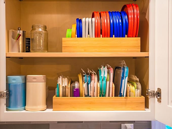 Umilife Bamboo Food Container Lid Organizer for Kitchen Cabinet and Drawer | Adjustable Slots - Premium Bamboo, Pretty Color - Sturdy Versatile Caddy for Snack, Spice - Anti-Skid Silicone Pads