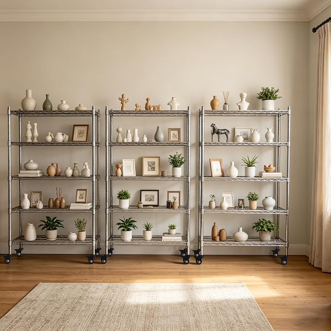 5 Tier Wire Shelving 3 Pack | 33”W Storage Shelves with Wheels | 1500 LBS Metal Shelving | Garage Shelving Units and Storage | Wire Rack Adjustable Layer Height | Electroplated Silver | 33”W×13”D×73”H