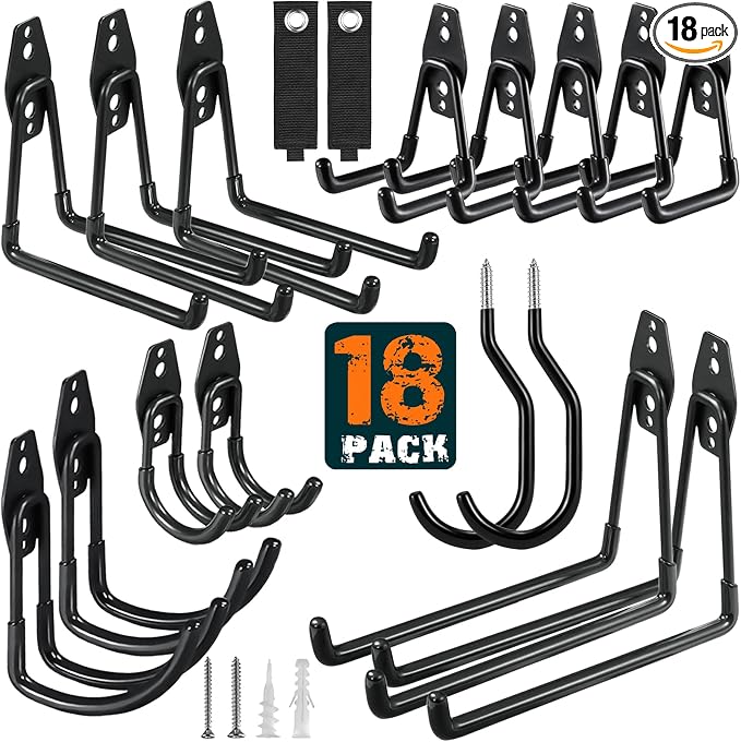 HUPBIPY 18 Pack Garage Hooks Heavy Duty, Wall Mount Ladder Hooks | Storage Organizer With a non-slip coating for Hanging Bicycles Garden Tools Ladders Hoses Ropes and Loose Items(Black)