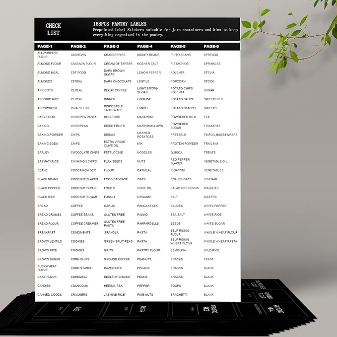 168 Pantry Labels for Food Containers, Minimalist Black Matte Stickers White Fine Line Text,Preprinted Waterproof Label for Glass Jars, Bottles & Canisters,Pantry Organization Storage