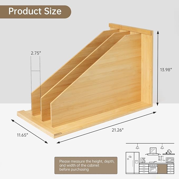 Tray Dividers for Kitchen Cabinets (14"H x 21.3"D) - Bamboo Cabinet Organizer with 3 Dividers for Cookie Sheets, Baking Pans, Cutting Boards & Pot Lids - Fits 15" Base Cabinet