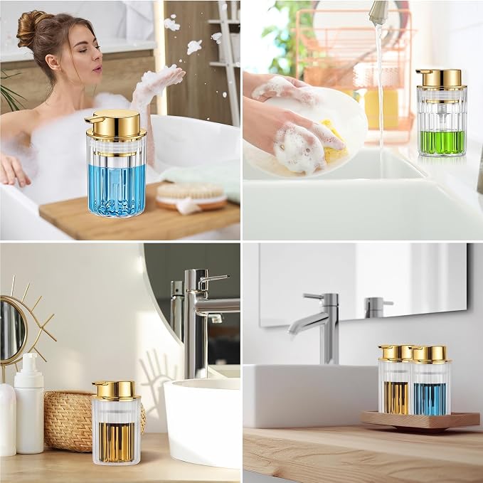 Potchen 2 Pcs Refillable Foaming Hand Soap Dispenser 10 oz Plastic Dispenser Pump Lotion Foaming with Silver Pump for Bathroom Vanities Kitchen(Gold)