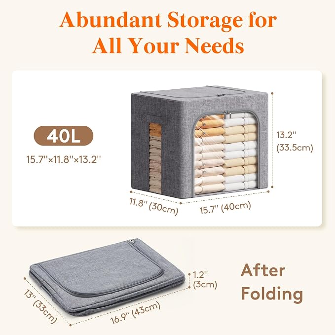 Lifewit Clothes Storage Bins with Metal Frame, Stackable Storage Box, Foldable Clothing Storage Bins with Lids, 40L Storage Bags Fabric Box Organizer with Clear Window＆ Zippers＆ Sturdy Handles 12 Pack