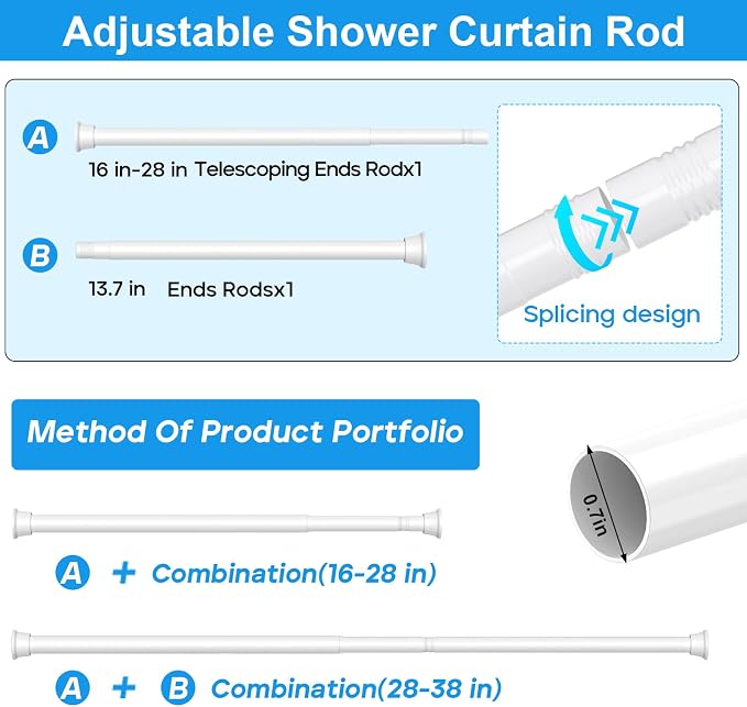 MEXAU 2 Pack White Spring Tension Curtain Rods 18-37 Inch, Adjustable Tension Rods No Drilling for Window, Bathroom, Closet, Room Divider, 7/8" Diameter, Iron