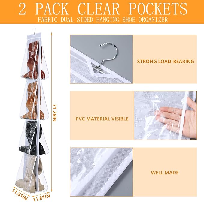 Windyun 16 Pairs Large Clear Pockets Fabric Dual Sided Hanging Shoe Rack for Closets Hanging Shoe Organizer with Rotating Hanger Boot Organizer for Storage Men's and Woman's Boots(White)