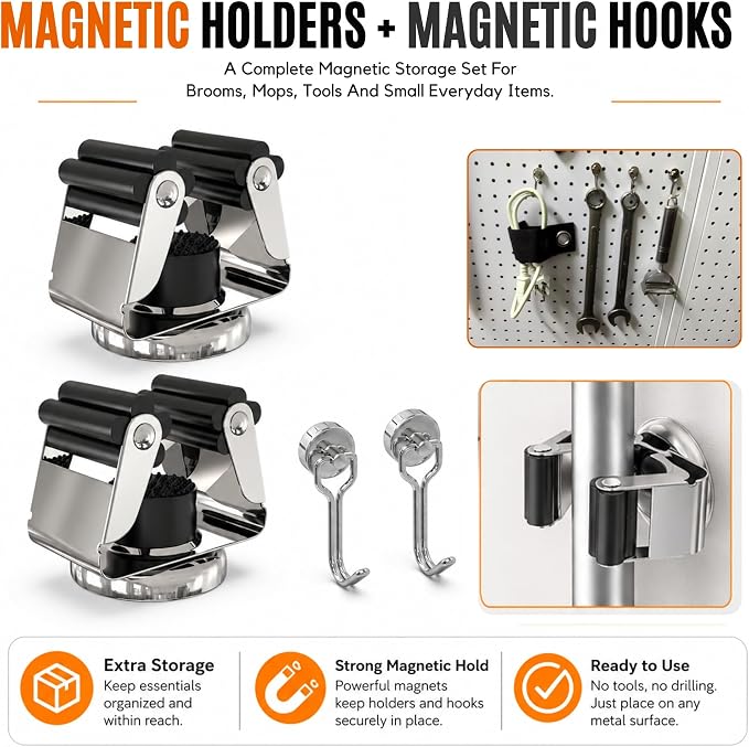 3-H Magnetic Broom Holder 8pcs, Stainless Steel No Drill Mop Holder Wall Mount with 4 Mini Magnetic Hooks, Movable Magnet Tool Organizer for Garage Laundry Kitchen Garden RV, Silver