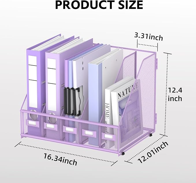 5 Vertical Compartments Magazine Holder, Metal Binder Organizer, Purple | Space-Saving Desktop Storage, Built-In Label Holders, Anti-Slip Feet, Sized for Binders, Folders, Magazines and Files