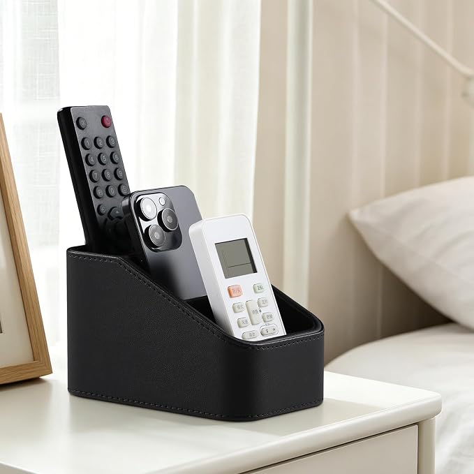 3 Compartments PU Leather Remote Control Holder, TV Remote Holder for Couch | Small Pen Desk Organizer for Office Bedside Living Room, Remote Caddy Nightstand Organizer