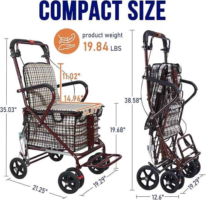 Foldable Shopping Cart with Seat, All-Terrain Wheels, 220 lbs Capacity, Comfortable Thickened Cushion, Easy to Fold and Store, FitS 59-72 Inches, 220lbs, Red