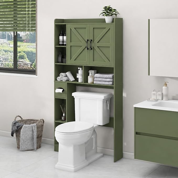 Vabches Over The Toilet Storage Cabinet with 2 Barn Doors, Green | Farmhouse Storage Cabinet with Toilet Paper Holder Stand，Home Space-Saving Toilet Rack, for Bathroom, Restroom, Laundry