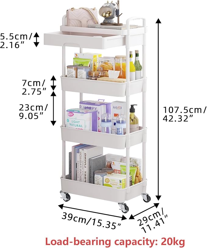 Calmootey 4-Tier Rolling Utility Cart with Drawer,Multifunctional Storage Organizer with Plastic Shelf & Metal Wheel,Storage Cart for Kitchen,Bathroom,Living Room,Office,White | Space-Saving Organizer, Sturdy Plastic Shelves, Smooth-Rolling Metal Wheel...