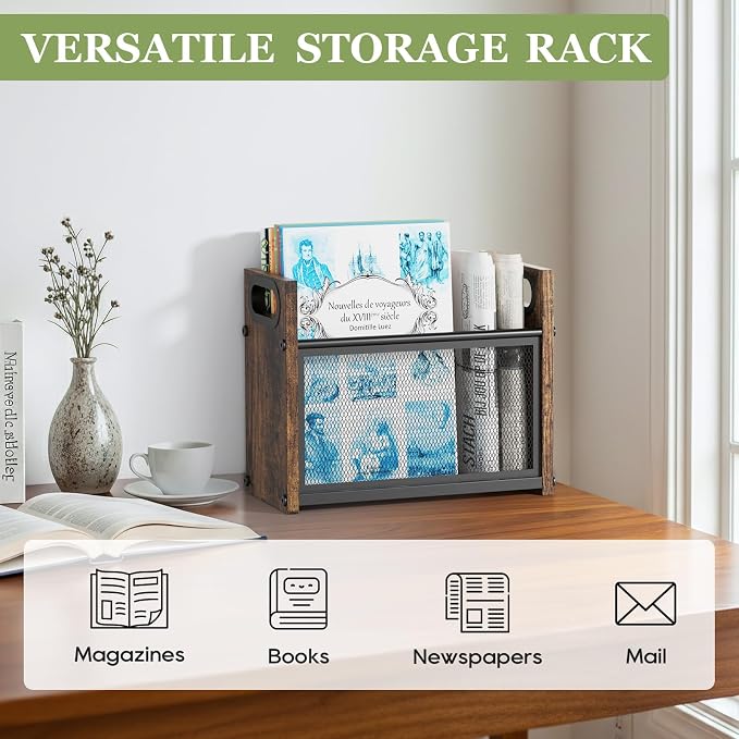 Rustic Magazine Holder, Wood Magazine Rack Floor, Magazine Storage Basket, Mesh Magazine File Holder, Magazine Holders for Shelves，Magazine Stand for Desk, Folder Organizer Bin for Magazines