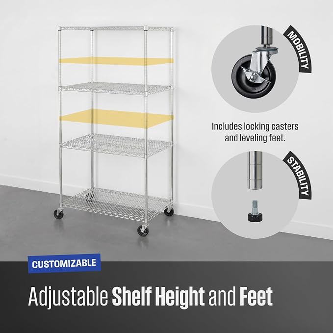 SafeRacks NSF 4-Tier Heavy Duty Steel Wire Rack w/Wheels (36"x24"x72")