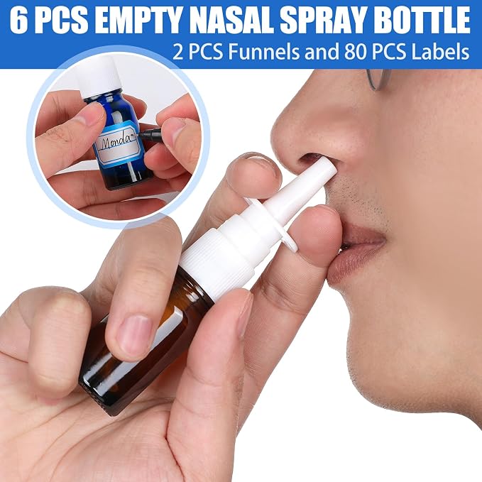 10 Pcs Nasal Spray Bottle, 10ML/0.35OZ Glass Brown and Bule Nasal Spray Bottles Empty Refillable with 2 Funnels and 2 Labels