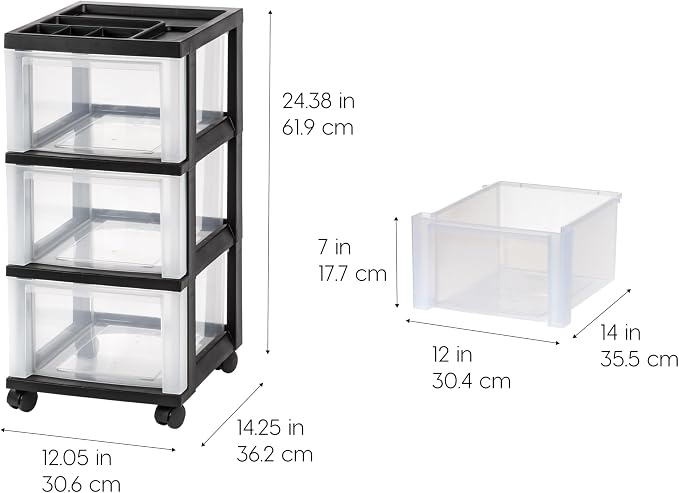 IRIS USA Plastic Drawer Storage Organizer Rolling Cart, with Wheels Casters, 3-Drawers, for Classroom Art Craft Supplies Dresser Closet Bathroom Laundry Room, Black/Clear
