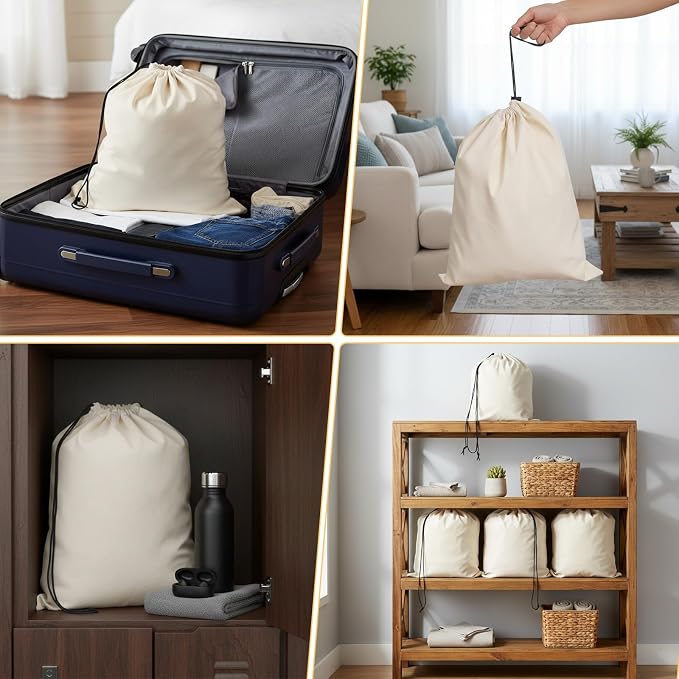 6 Pack Cotton Shoe Bags for Travel & Storage - 17.7"x13.8" Dustproof Drawstring Pouches, Washable & Reusable Cotton Organizers (Beige)