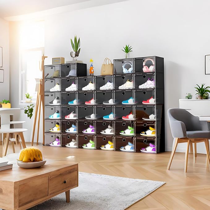 Large Shoe Boxes Clear Plastic Stackable, 8 Pack Drop Side Shoe Storage Organizer with Magnetic Door, Shoe Container Sneaker Storage Display Case Fit up to US Size 13 Black