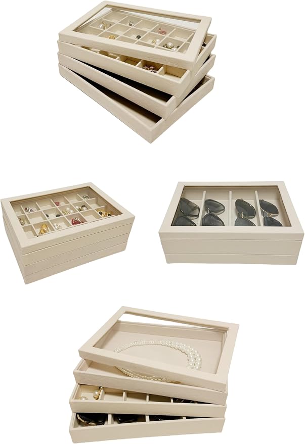 See-Through Transparent Top Lid for Beige Velvet Jewelry Organization Trays