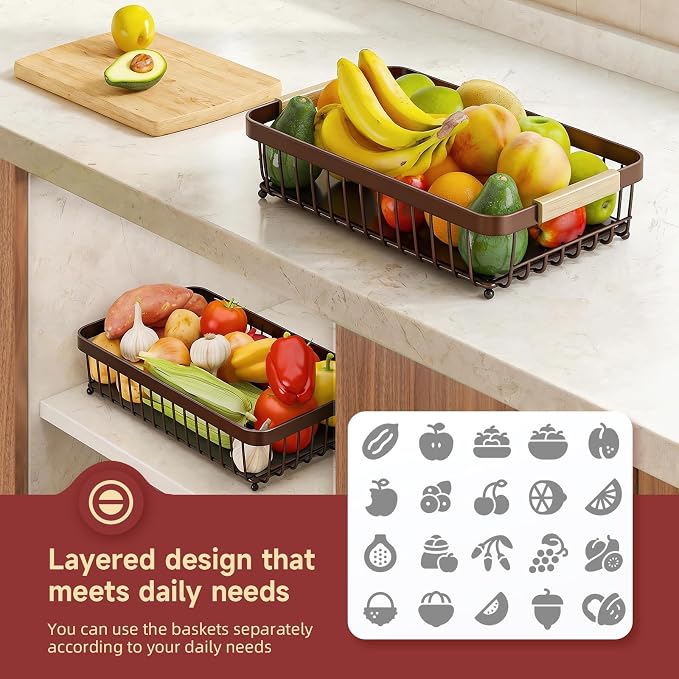 Sevenblue 2-Tier Fruit Basket with Banana Hangers, Detachable Metal Bowl | Wooden handle, protective mats included. Versatile holder for bread, snacks, and veggies. Extra Large 2 tier metal design.