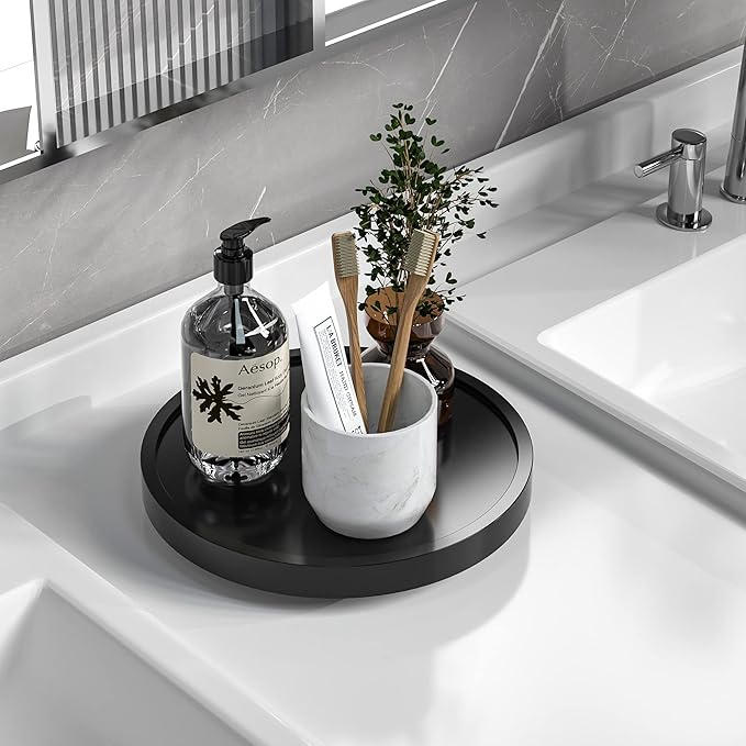 Turntable Vanity Tray, 9 Inch Bamboo Kitchen Sink Countertop Organizer | Perfume Candle Tray, Keep Glass Sponge and Soap, Bathroom Countertop Organizer, Black