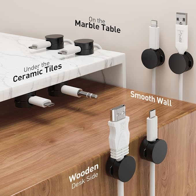 AGPTEK 8 Pack Magnetic Cable Clips, 360° Rotatable Cord Holder, Black | Cable Holder for Nightstand, Desk Cord Organizer Adhesive Wire Management Home Phone Charging Cords USB Cable Keeper