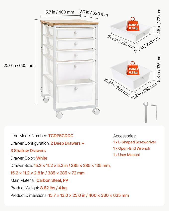 VEVOR Rolling Cart with Drawers, 5 Drawer Storage Organizer, Mobile Utility Cart with Wood Top, Steel Frame, Universal Casters & 2 Brakes, for Office, Classroom, Craft Supplies, Bedroom, Makeup, White