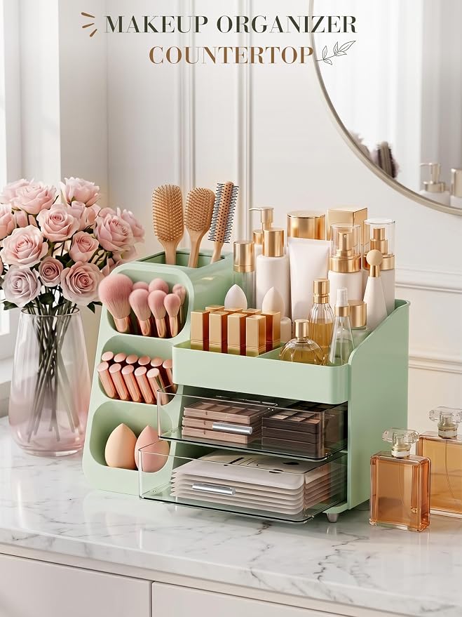 Makeup Organizer with Drawers,Large Capacity Countertop Organizer for Vanity,Bathroom and Bedroom Desk Cosmetics Organizer,Easy To Storage Skincare,Brushes,Lotions (Green)