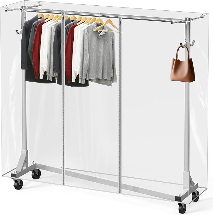 Simple Houseware Industrial Grade Z-Base Garment Rack w/Cover Tube Bracket | 500Lb Load with 62" Extra Long Bar, Clear Cover