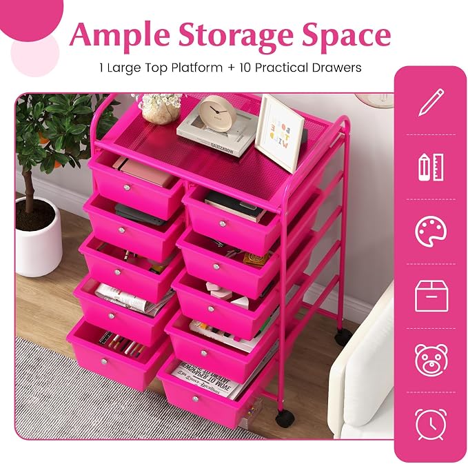 COSTWAY 10 Drawer Rolling Storage Cart, Utility Cart with Lockable Wheels | Mobile Art Supply Craft Organizer with Metal Frame, Multipurpose Drawer Cart for Paper for Office, School, Hot Pink